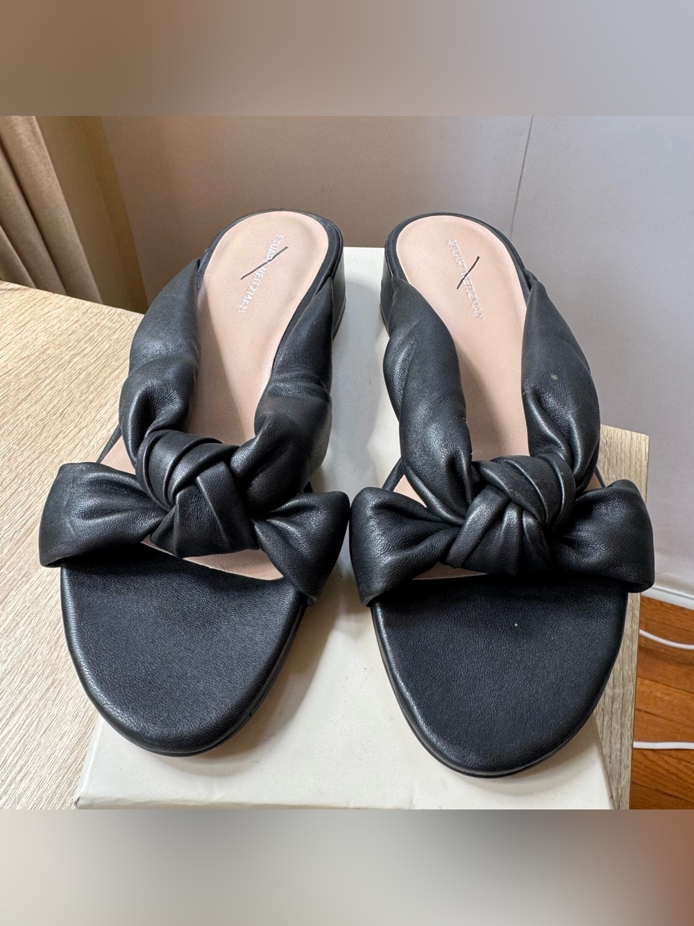 New Stuart Weitzman Playa 35 Knot Leather Block Slide Sandals Black 9